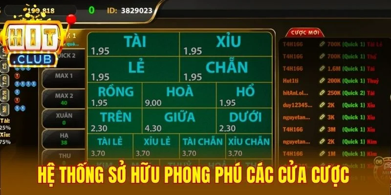 Hệ thống sở hữu phong phú các cửa cược 